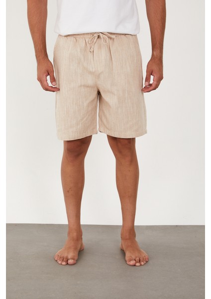 Erkek Keten Şort Beli Lastikli Baggy Rahat Kesim