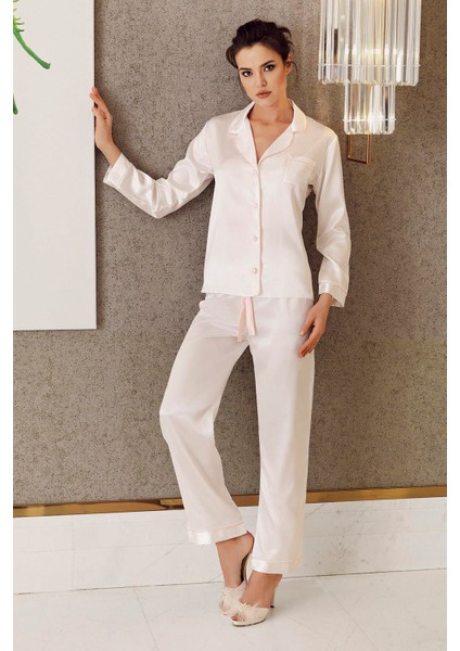 Imaj 2240 Ekru Renk Saten Uzun Kollu 2li Pijama Takım