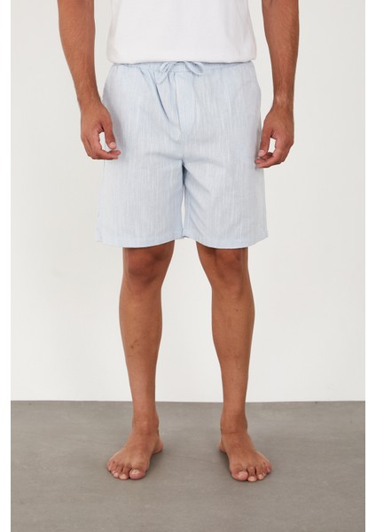 Erkek Keten Şort Beli Lastikli Baggy Rahat Kesim