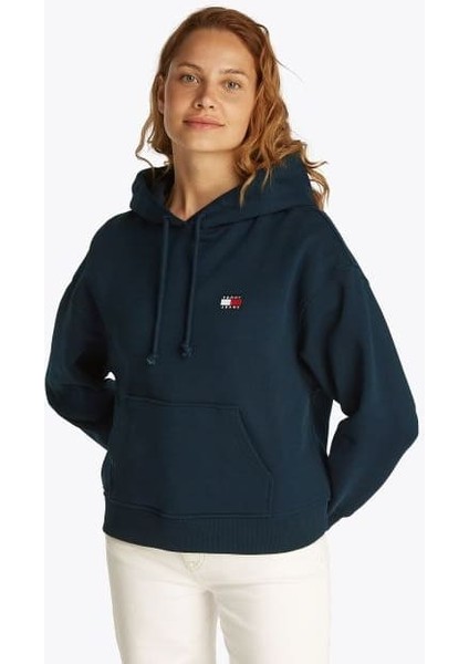 Kadın Boxy Fit Kapüşonlu Logolu Sweatshirt - Lacivert