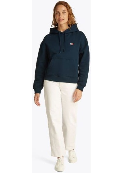 Kadın Boxy Fit Kapüşonlu Logolu Sweatshirt - Lacivert fiyatları