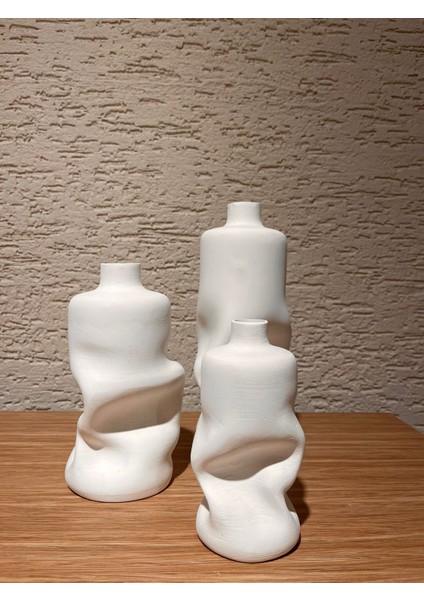 Bohem Tarzı Modern Buruşuk Seramik Vazo Seti - 3 Adet Dekoratif El Yapımı Vazo