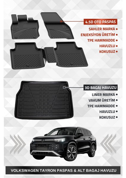 Volkswagen Tayron 2024+ Uyumlu 4.5d Premium Havuzlu Oto Paspas ve Liner Marka 3D Alt Bagaj Havuzu
