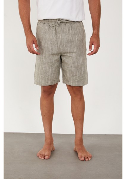 Erkek Keten Şort Beli Lastikli Baggy Rahat Kesim