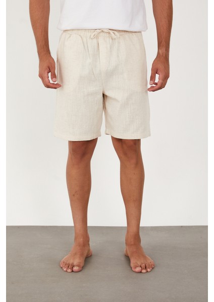 Erkek Keten Şort Beli Lastikli Baggy Rahat Kesim