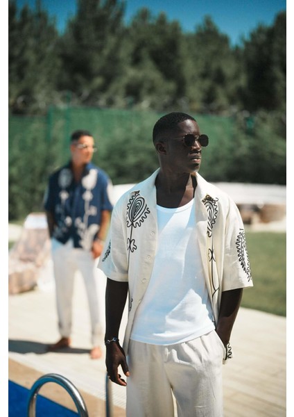 Erkek Keten Karışımlı Desenli Kısa Kollu Oversize Gömlek Bej indirimleri