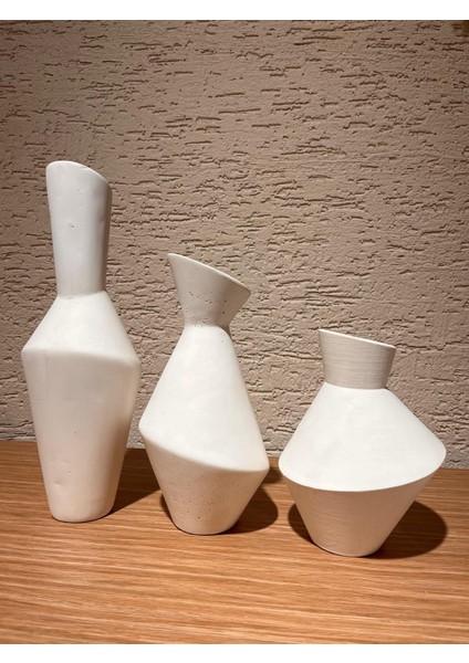 Bohem Tarzı Geometrik Beyaz Taş Tozu Vazo Seti - Modern Dekoratif 3'lü Vazo Takımı