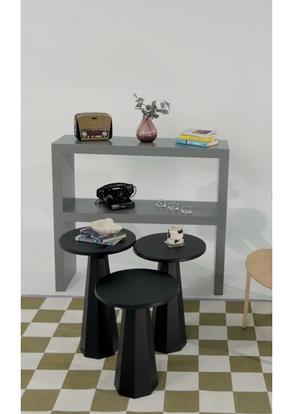 Lilyum Mantar Sehpa Üçlü Set Siyah (57+52+47 Cm)