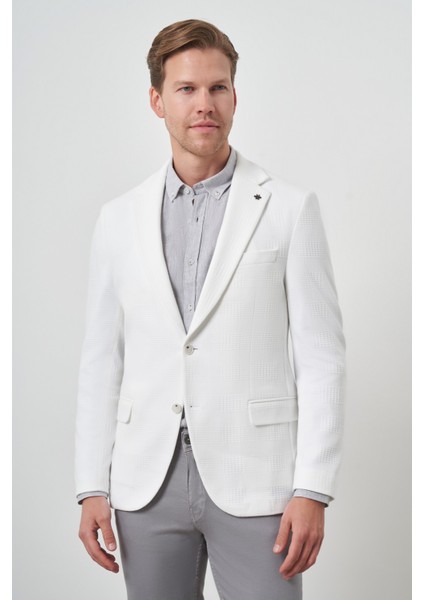 Erkek Beyaz Örme Desenli Mono Yaka Slim Fit Ceket