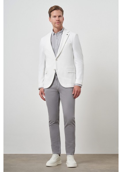 Erkek Beyaz Örme Desenli Mono Yaka Slim Fit Ceket