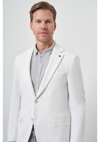 Erkek Beyaz Örme Desenli Mono Yaka Slim Fit Ceket