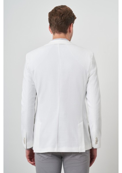 Erkek Beyaz Örme Desenli Mono Yaka Slim Fit Ceket