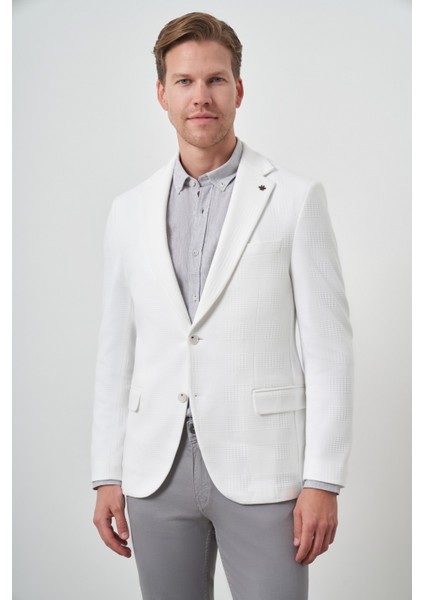 Erkek Beyaz Örme Desenli Mono Yaka Slim Fit Ceket