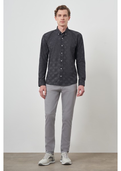 Erkek Siyah Slim Fit Düğmeli Yaka Gömlek