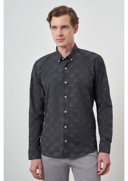 Erkek Siyah Slim Fit Düğmeli Yaka Gömlek