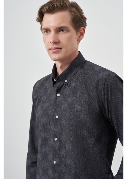 Erkek Siyah Slim Fit Düğmeli Yaka Gömlek