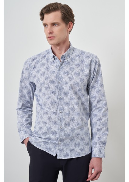 Erkek Lacivert Slim Fit Düğmeli Yaka Gömlek