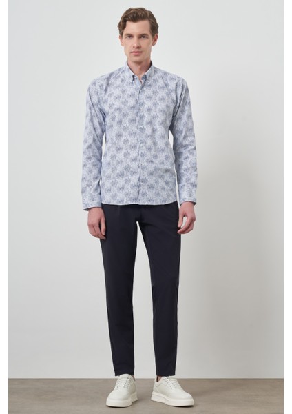 Erkek Lacivert Slim Fit Düğmeli Yaka Gömlek
