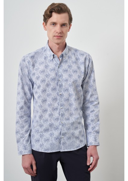 Erkek Lacivert Slim Fit Düğmeli Yaka Gömlek
