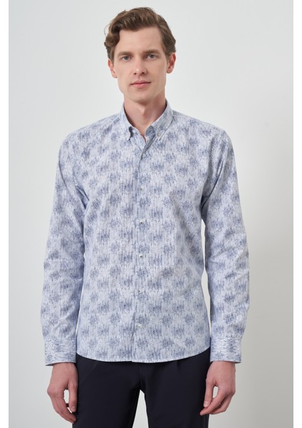Erkek Lacivert Slim Fit Düğmeli Yaka Gömlek