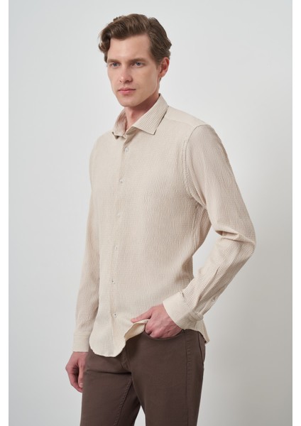 Erkek Bej Gofre Trend Desenli Dynamic Fit Italyan Yaka Gömlek