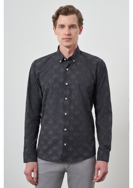 Erkek Siyah Slim Fit Düğmeli Yaka Gömlek
