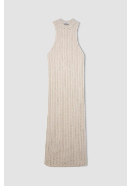 Regular Fit Bisiklet Yaka Kroşe Kolsuz Maxi Triko Plaj Elbise A7830AX24SM