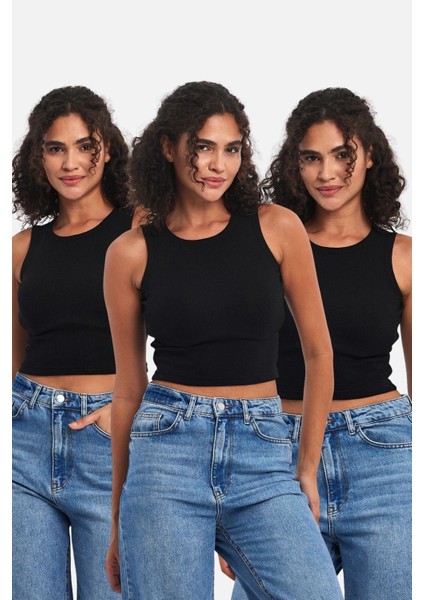 Fitilli Siyah Crop Halter Yaka Sıfır Kol Pamuklu 3'lü Kadın Atlet