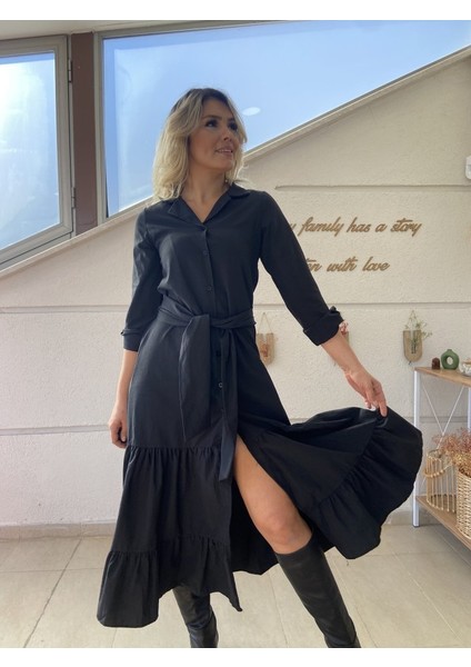 Kadın Uzun Kollu Eteği Fırfırlı Beli Kuşaklı Trikoton Tam Boy Gömlek Elbise