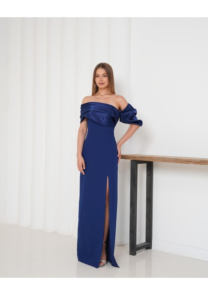 Kol Detaylı Uzun Lacivert Tasarım Elbise