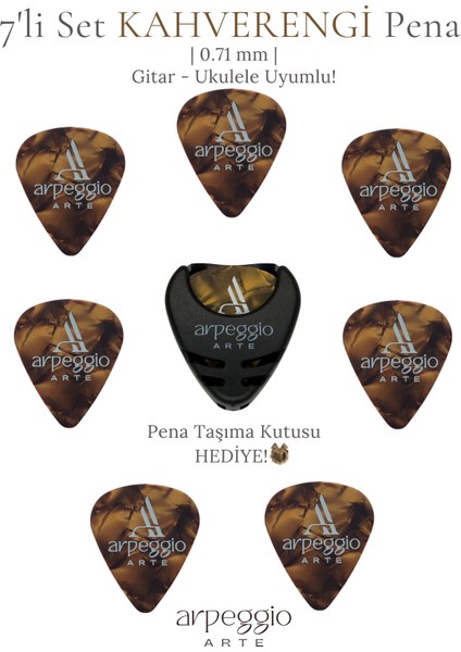 7’li Kahverengi Gitar ve Ukulele Pena Seti + Pena Taşıma Kutusu Hediye | Selüloid Pena (0,71MM)