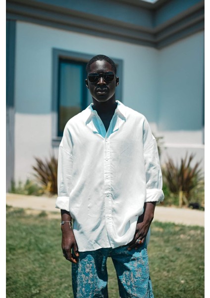 Erkek Soft Dokulu Basic Oversize Gömlek Beyaz