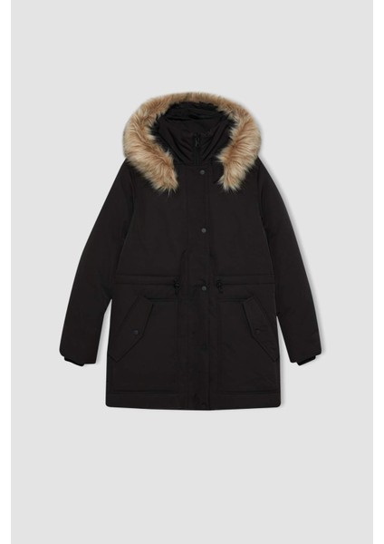 Su Geçirmez Şişme Mont Parka Oversize Geniş Kalıp Çıkarılabilir Suni Kürk Kapüşonlu Fermuarlı Çıtçıtlı Cepli A4074AX24WN