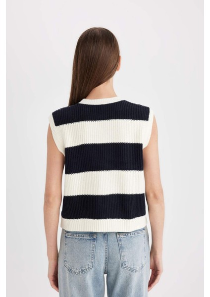 Regular Fit Çizgili Bisiklet Yaka Triko Süveter C9042AX24WN