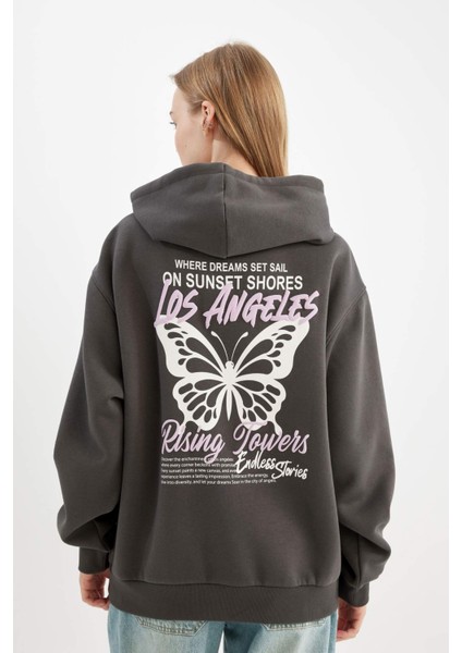 Coool Oversize Geniş Kalıp Kapüşonlu Sırt Baskılı Kalın Sweatshirt C7860AX24WN