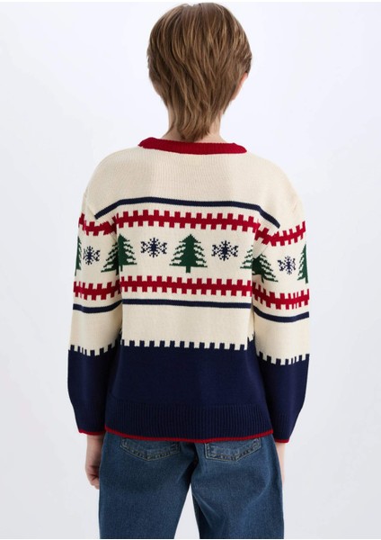 Erkek Çocuk Yılbaşı Temalı Bisiklet Yaka Triko Kazak C9634A824CW