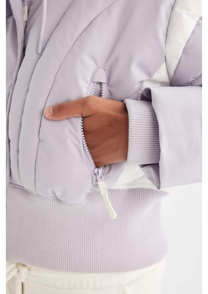 Fit Su İtici Rüzgar Geçirmez Şişme Crop Gizli Kapüşonlu Fermuarlı Cepli Sıcak Tutan Mont C4966AX24WN