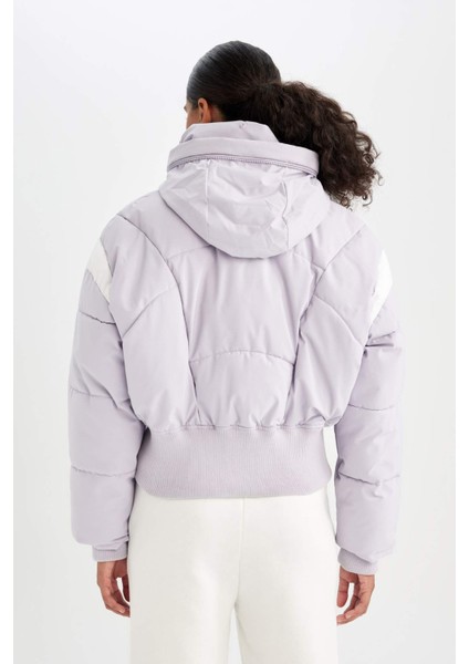 Fit Su İtici Rüzgar Geçirmez Şişme Crop Gizli Kapüşonlu Fermuarlı Cepli Sıcak Tutan Mont C4966AX24WN
