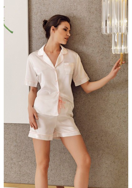 Imaj 2260 Ekru Renk Saten Kısa 2li Pijama Takım