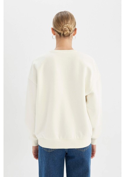 Loose Fit Bisiklet Yaka Baskılı Kalın Sweatshirt C7811AX24WN