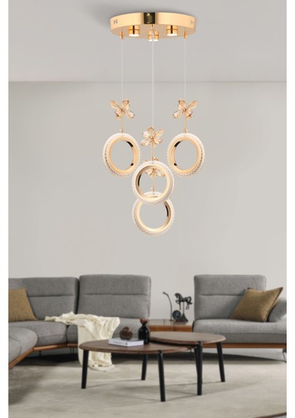 Istanbul Avize Halka 4'lü Gold Ledli Kristal Taşlı Avize