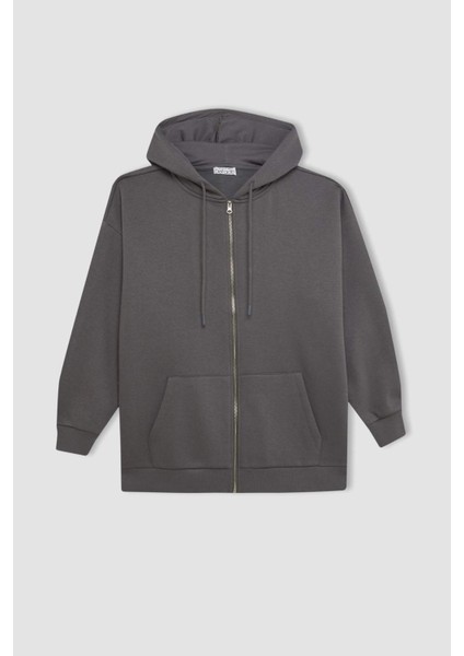 Oversize Geniş Kalıp Kapüşonlu Cepli Basic Düz Fermuarlı Sweatshirt V4233AZ24WN