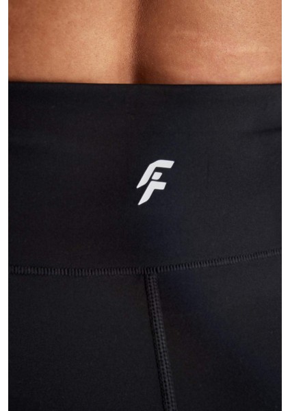 Siyah Yüksek Bel Beli Saran Biker Esnek Kısa Basic Düz Sporcu Tayt Z6741AZ24AU