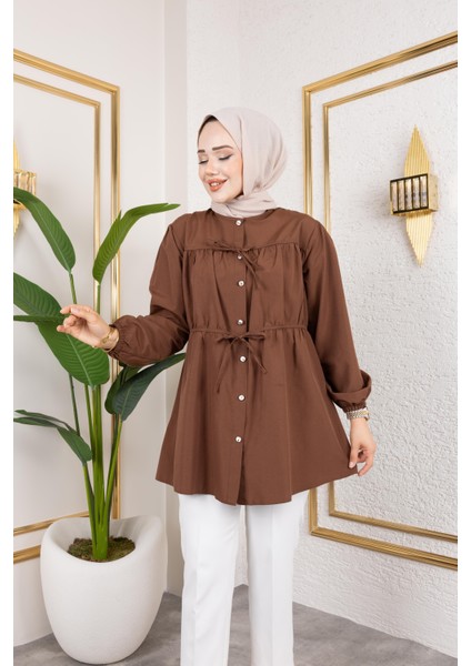 Kadın Düğmeli Bağlamalı Kahverengi Gömlek fırsatları