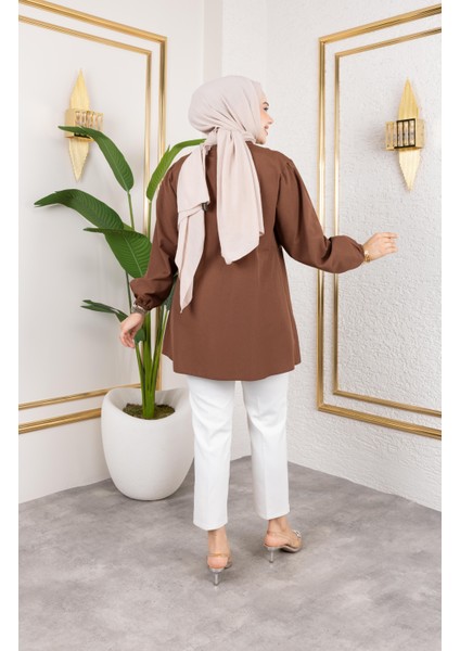 Kadın Düğmeli Bağlamalı Kahverengi Gömlek indirimleri