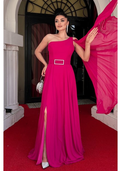 Şifon Kumaş Tek Kol Şifon Abiye Elbise - Fuşya fiyatları