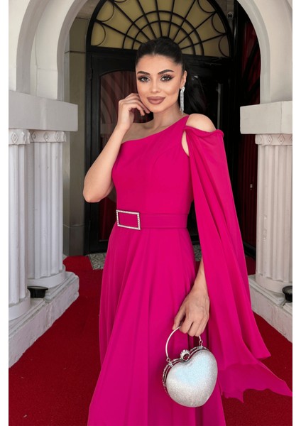 Şifon Kumaş Tek Kol Şifon Abiye Elbise - Fuşya fırsatları