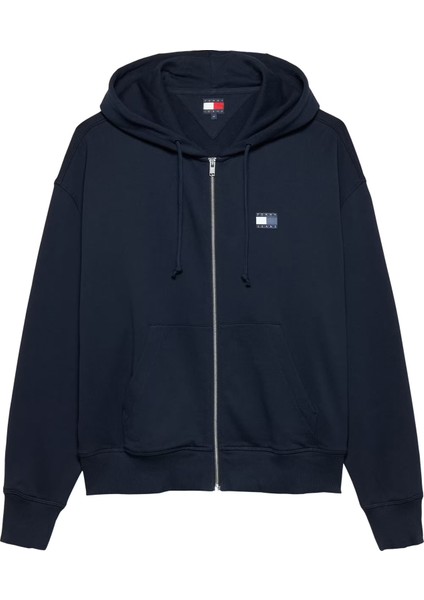 Erkek Cropped Fit Kapüşonlu Fermuarlı Sweatshirt - Lacivert