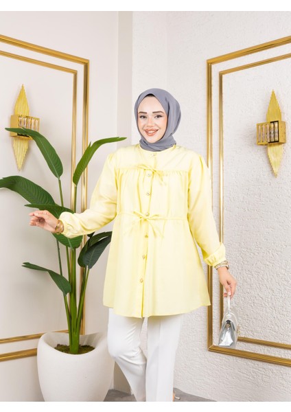 Kadın Düğmeli Bağlamalı Sarı Gömlek