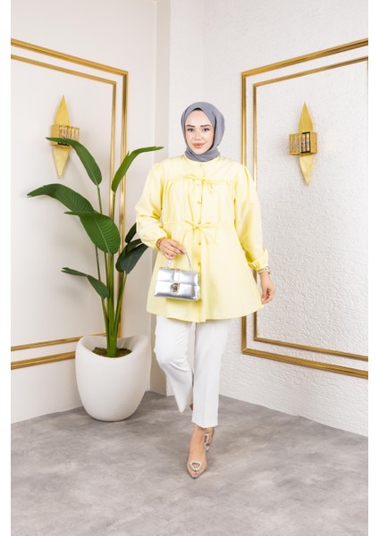 Kadın Düğmeli Bağlamalı Sarı Gömlek modelleri